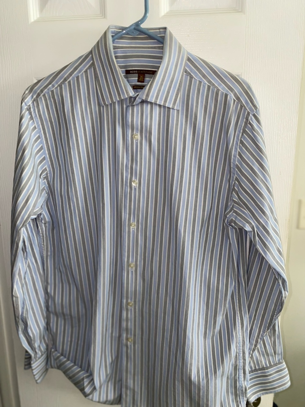 BCBG Men’s Light Blue and White Striped Dress Shirt